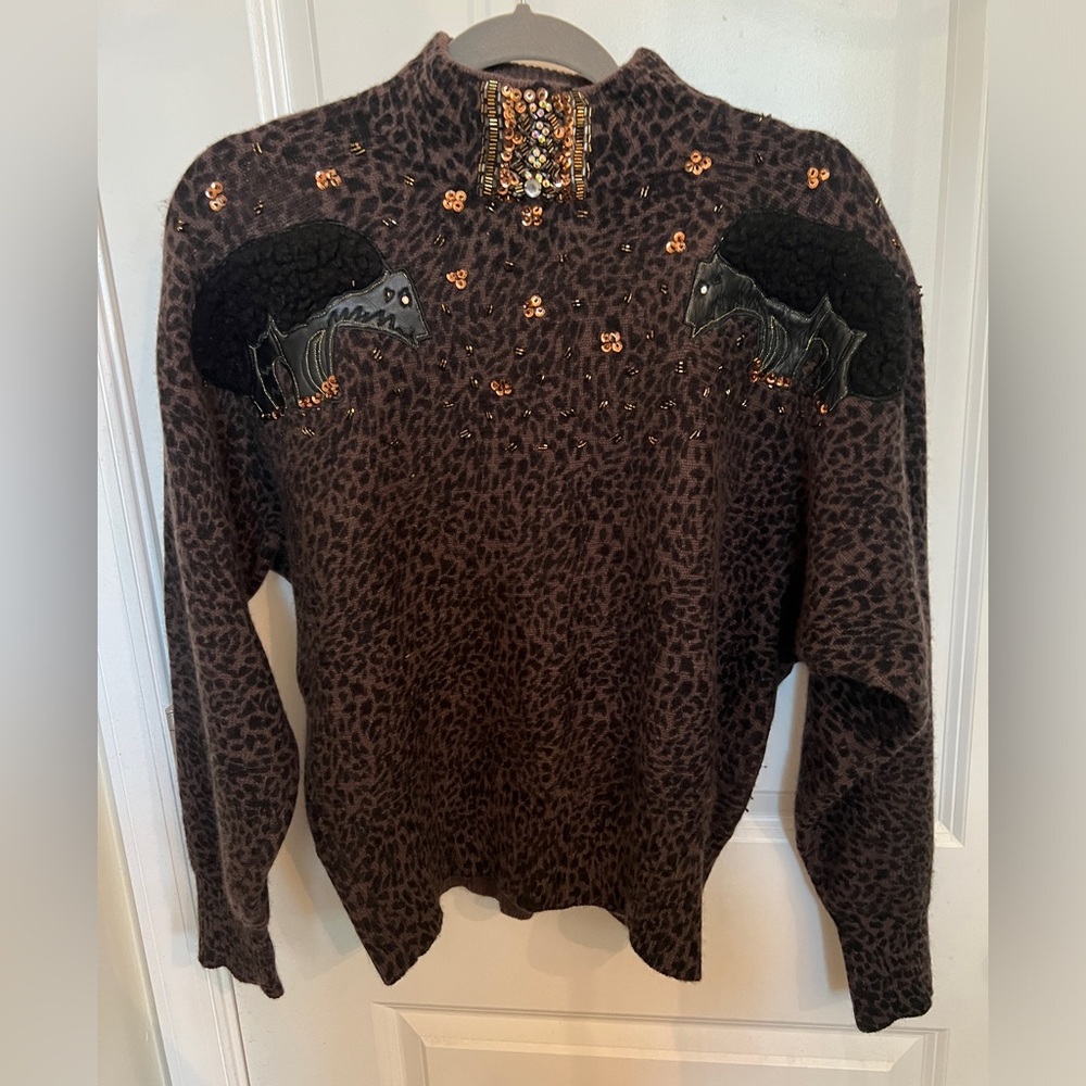 Vintage CEDARS Women’s Brown Lambswool leopard beaded Top turtleneck sweater S